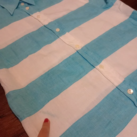 Vintage Escada Sport 100% Linen Long Sleeve Striped Button Down Top Aqua - Picture 8 of 11